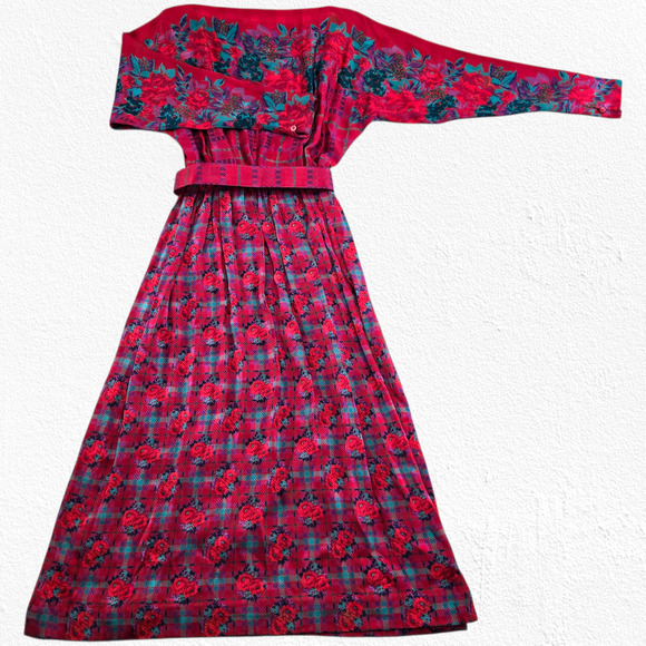 Vintage 80s Halston III Silk Floral Plaid Dress Red Pink Teal Belted Midi Size 4 - Picture 16 of 16